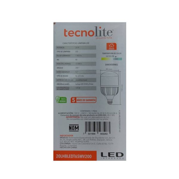 FOCO DE LED ALTA POTENCIA 20W 100/240V E27 20LHBLEDT65MV200 - Imagen 2